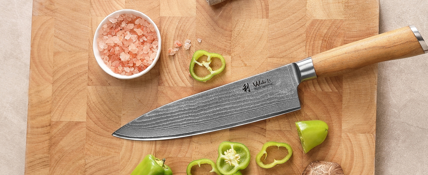 Ніж кухарський Wakoli з дамаської сталі (серцевина VG10) з 20 см лезом – гострий та збалансований – ніж з ручкою з оливкового дерева в подарунковій коробці – ніж кухонний з дамаської сталі для професіоналів та поціновувачів