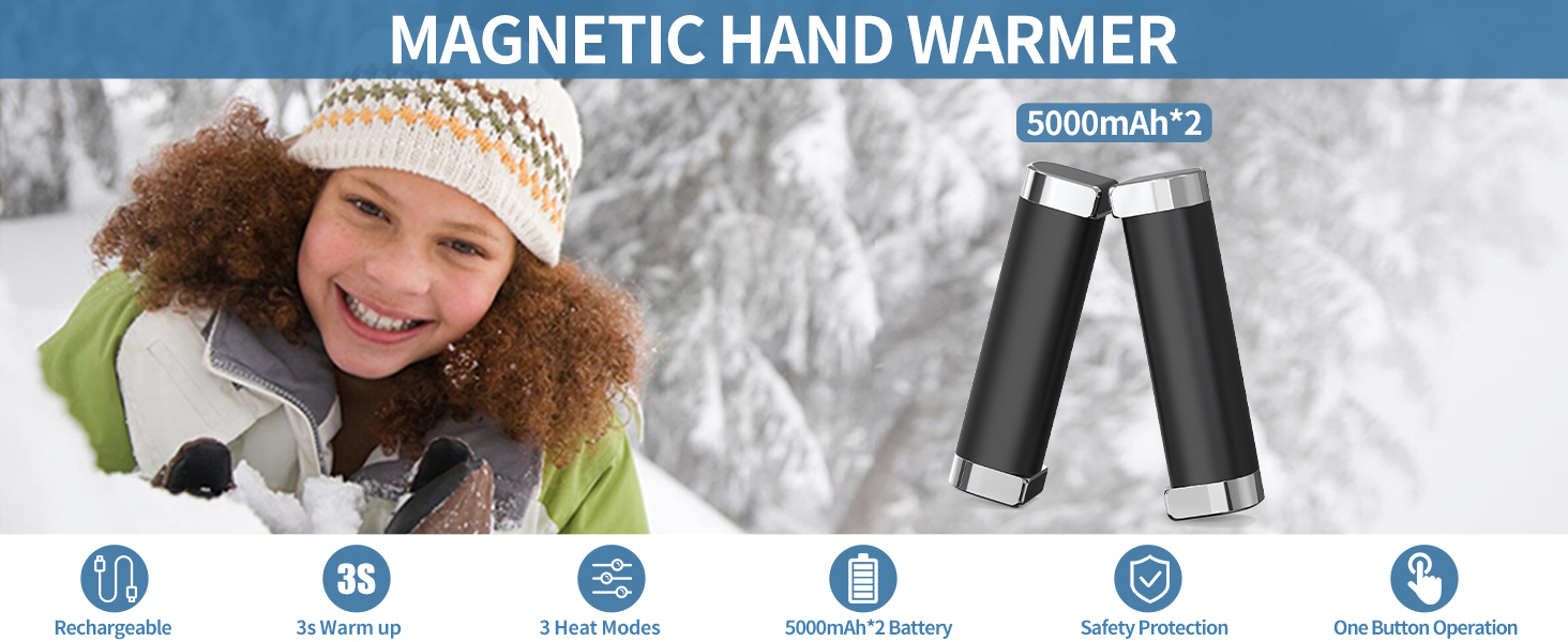 Електричні грілки для рук 5000mAh (2 шт.) - багаторазові, для активного відпочинку, зимовий подарунок для дітей, жінок та чоловіків (чорний)