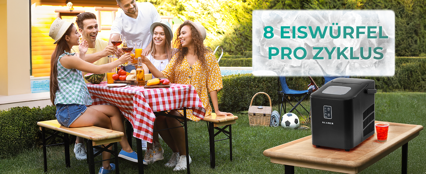 Льодогенератор KLAMER 24 кг/добу, 3 розміри кубиків льоду, 2.2л резервуар, 130W, тихий, чорний