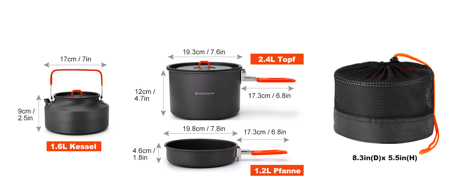 Набір посуду для кемпінгу Odoland каструля, чайник і сковорода для приготування їжі на природі та подорожей