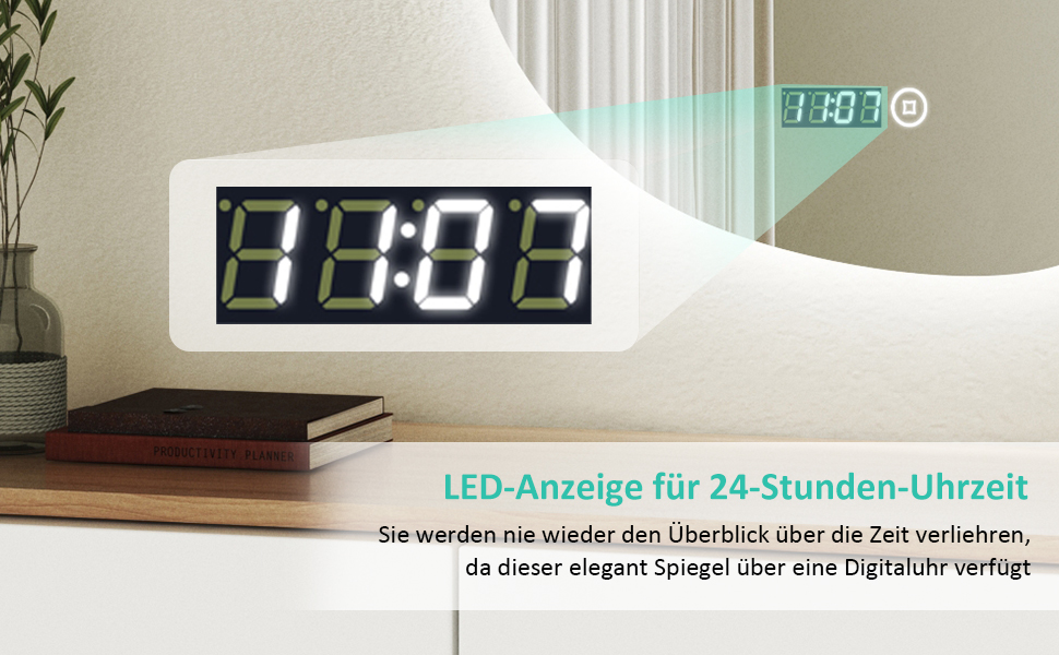 Дзеркало для ванної кімнати з підсвічуванням та годинником 50x70 см, LED, сенсорне керування, 3 кольори світла, диммування, 2470LM, стиль Jy01