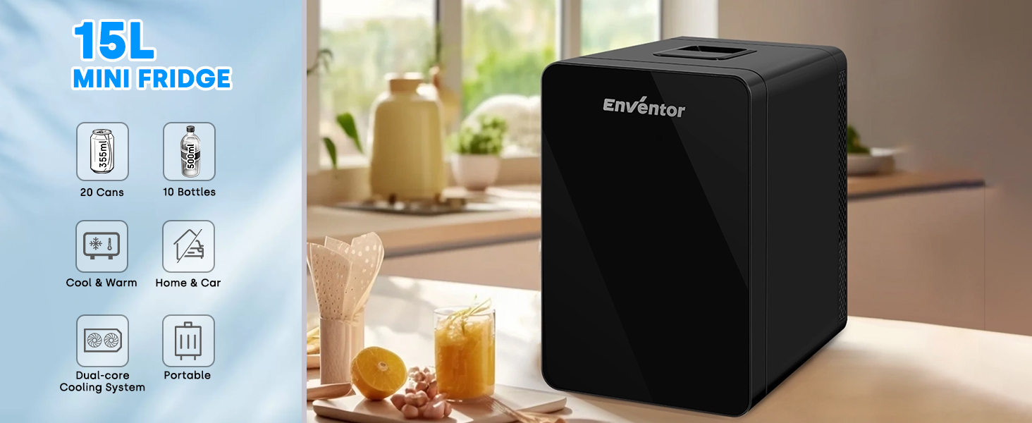 Міні холодильник Enventor 10 л, 220В/12В, з LCD-дисплеєм, охолодження й підігрів, для авто, подорожей, косметики, напоїв та продуктів (білий, 15 л, чорний)
