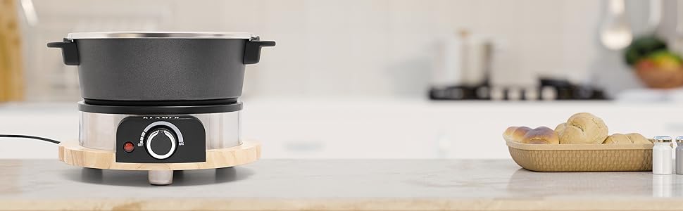 Електричний Фондю-набір KLAMER для 8 осіб з 8 виделок, регулювання температури, захист від бризок, посуд з алюмінію, екологічна обкладка з каучуку