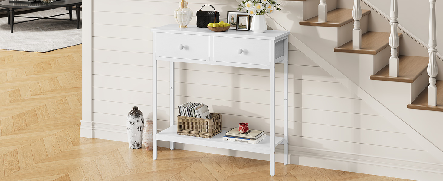 HOOBRO Консольний столик, вузький бічний столик з 2 висувними ящиками з тканини, 75 см, столик для передпокою, журнальний столик для дивану в індустріальному стилі, для передпокою, вітальні, коридору, білий EWW71XG01