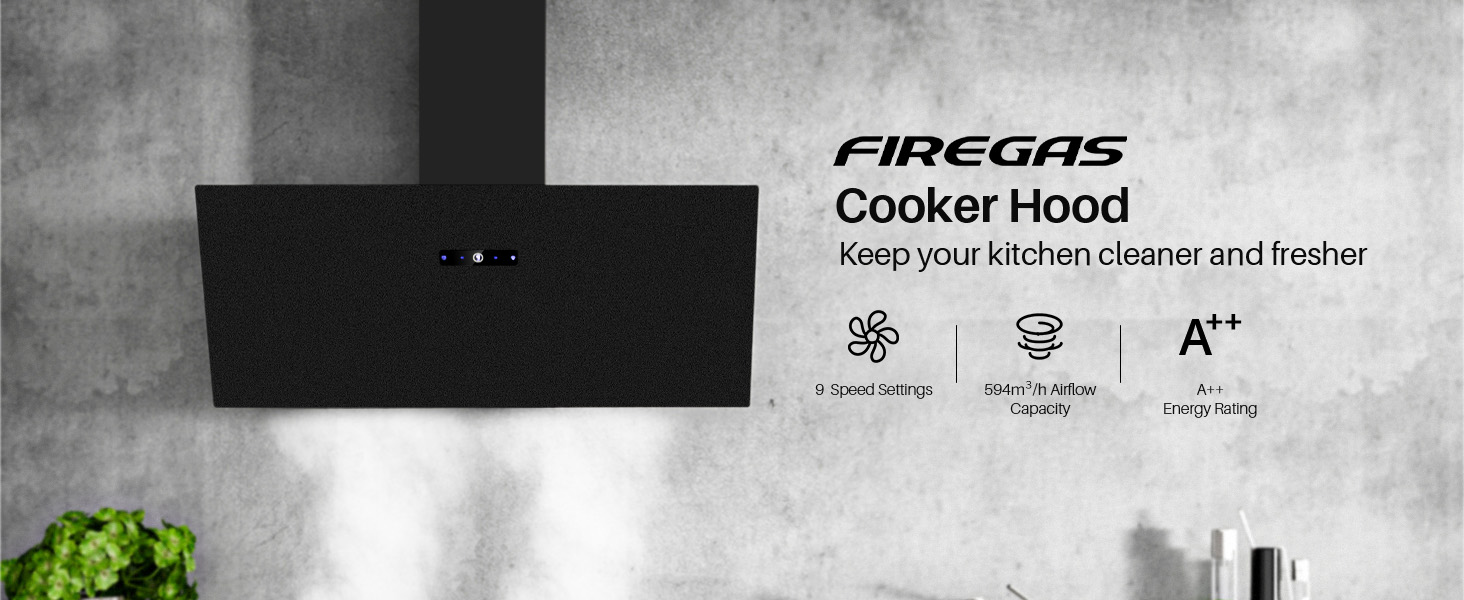 Витяжка для кухні FIREGAS 60 см, чорне скло, безщітковий мотор, 571 м³/год, сенсорне керування TouchControl, 9 режимів, режим рециркуляції та відведення, з газліфтом