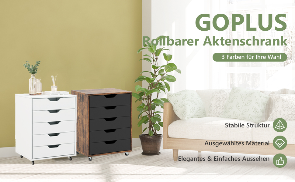 Роликовий контейнер GOPLUS з шухлядами, мобільний офісний шафка, білий/натуральний, 48 x 39,5 x 65,5 см