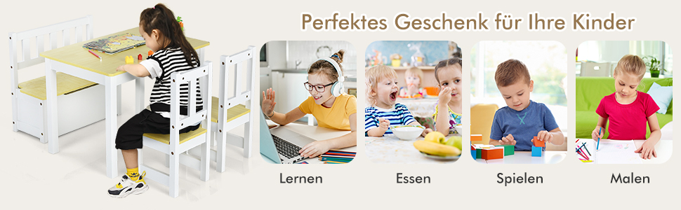 Дитяча меблева група COSTWAY з місцем для зберігання: стіл для малювання з 2 стільцями та лавка. Зроблено з екологічного дерева FSC, для дітей від 3 років (сірий/натуральний колір)