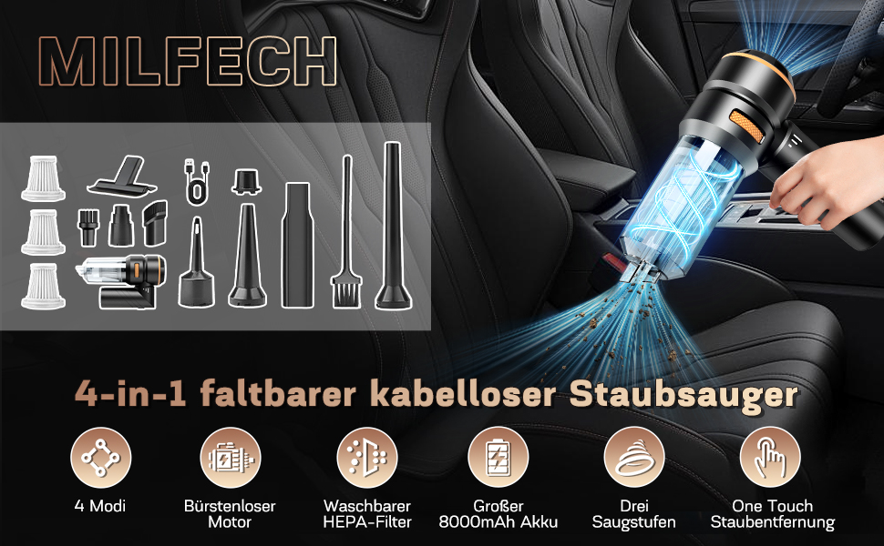 Акумуляторний ручний пилосос 4-в-1 для авто та дому, безщітковий двигун 22000Па, 3 режими потужності, 180000 об/хв, для шерсті тварин (Чорний)