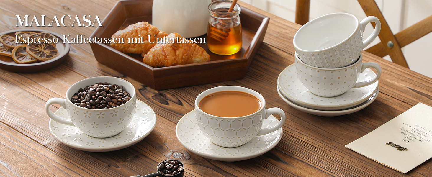 Набір посуду MALACASA LYDIA для 4 осіб (16 предметів) з кераміки з рельєфом, бежевий (4 чашки 180 мл)