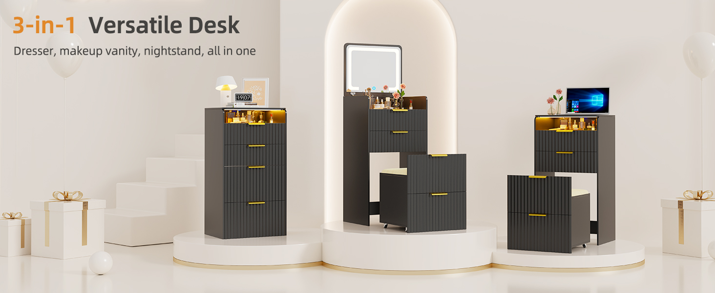 Трюмо Lvifur з LED-дзеркалом та 3 шухлядами, кутовий, для спальні, квартири, гуртожитку, білий (чорний)