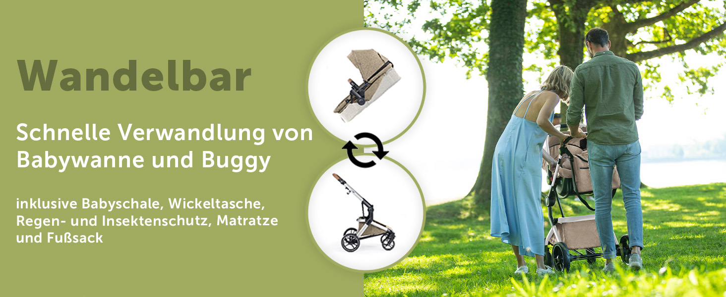 Дитяча коляска Bergsteiger Lugo 3в1 | Комплект з аксесуарами: автокрісло, прогулянковий блок, сонцезахист та вітрозахисний чохол | Isofix база доступна, колір: коричневий | Рама: срібна