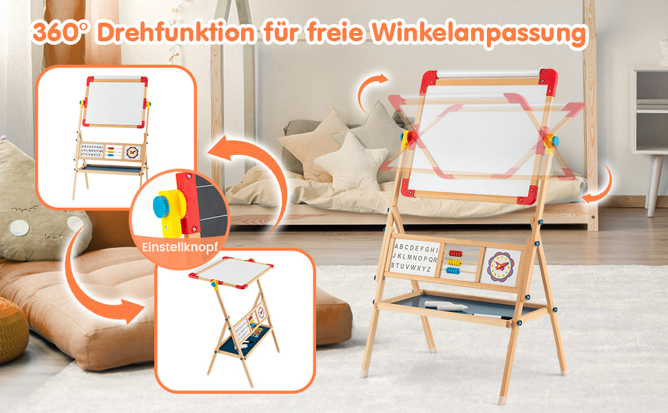COSTWAY 3-в-1 дитяча мольберт-дошка з обертанням 360°, дерев'яний мольберт з двостороннім дощечкою, мольберт для малювання з полицею, рулон паперу, абакус, годинник та алфавіт для дітей від 3 років