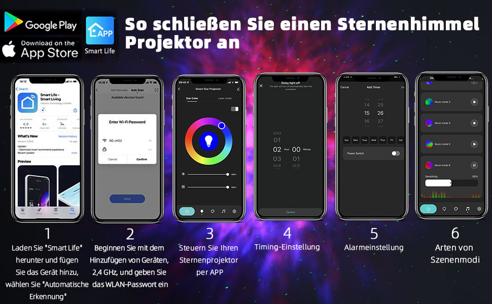 Світлодіодний проектор зоряного неба Drcowu, Galaxy Star із додатком, таймером, Wi-Fi, для вечірки та спальні
