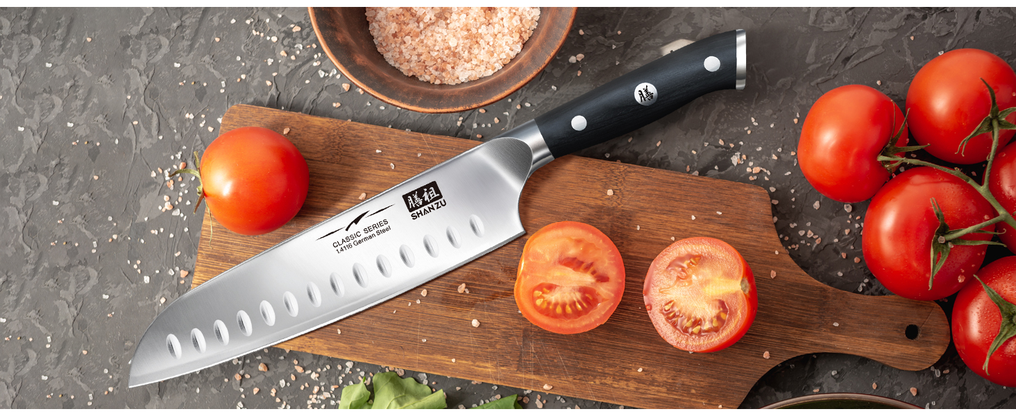 Ніж шеф-кухаря SHAN ZU Santoku: 18 см, нержавіюча сталь, ергономічна ручка, подарункова коробка