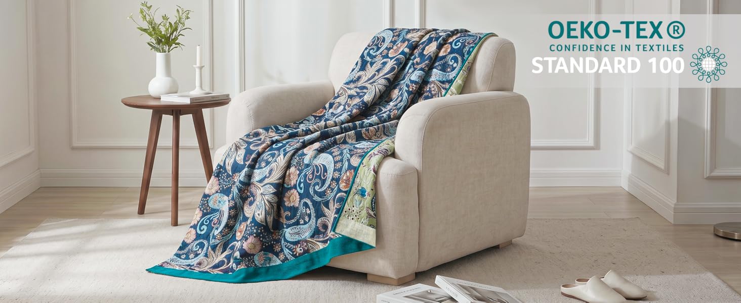 Преміум плед Bailix Boho з 100% бавовни, двостороння муслінова ковдра 200x230 см для дивана та ліжка, декоративна patchwork ковдра в стилі бохо, колір Indigo-traum