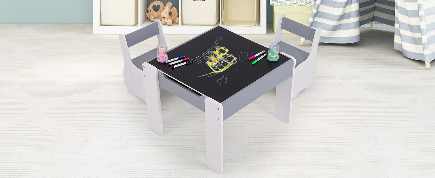 Дерев'яний дитячий стіл з 2 стільцями DREAMADE, 3 шт. Дитяча меблева група з двостороннім столом та місцем для зберігання, набір меблів для дітей, для хлопчиків та дівчаток (білий)