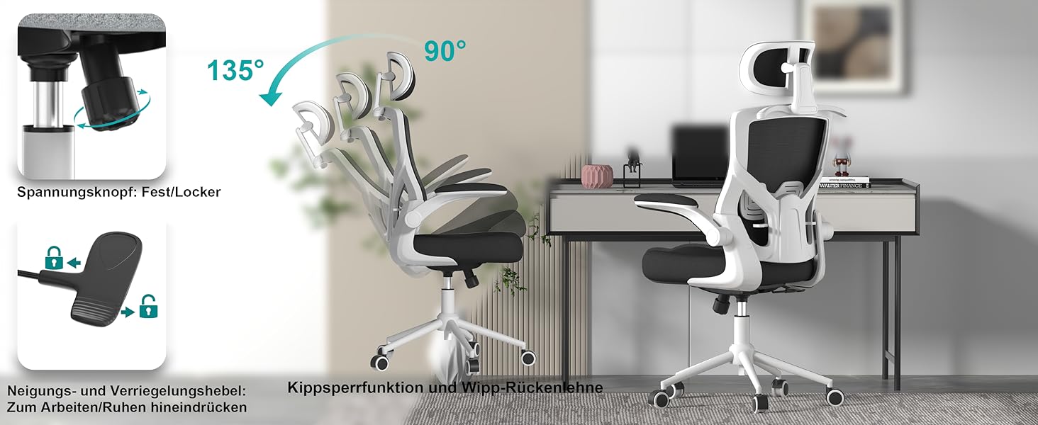 Ергономічне крісло для офісу з регульованою підголівником та поперековою підтримкою – високе офісне крісло з сітчастою спинкою та м'яким сидінням, вішалка для одягу та функцією блокування (Чорний колір з білим каркасом)