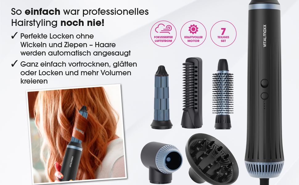 Мультистайлер VITALmaxx Air Curler Plus 6-в-1 бігуді, фен, щітка та дифузор, 1500 Вт