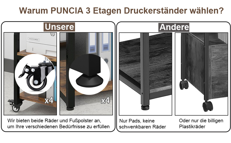 Регульований стіл для принтера PUNCIA з 3 ящиками та колесами. Мобільний візок для принтера з дерева та металу (60 x 50 см, Retro)