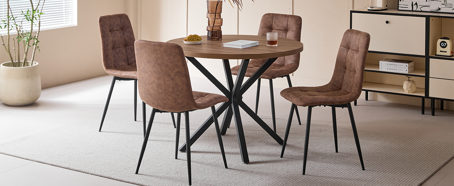 Обідній комплект на 5 персон: круглий стіл 100 см та 4 стільці (голландський фліс). Підходить для кухні, вітальні, балкону, ресторану, офісу. Темне дерево + світле дерево (темно-коричневий)