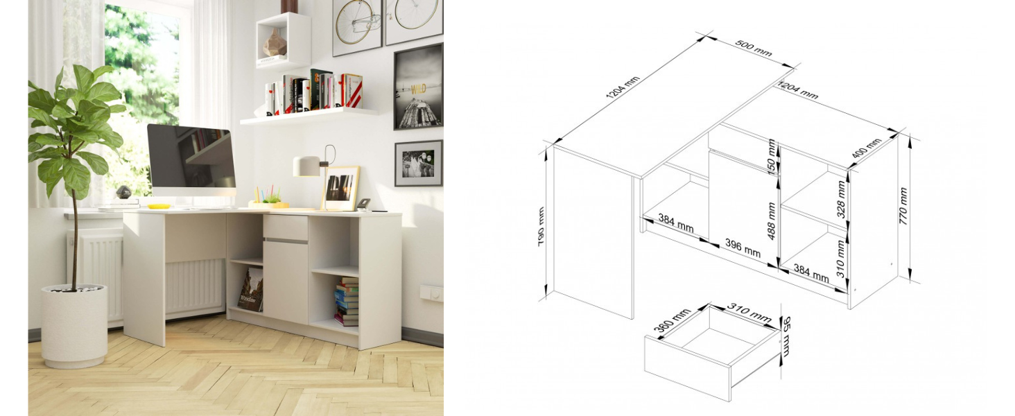Кутовий письмовий стіл B-17, комбінований стіл 2-в-1 комод з 1 шухлядою, 1 відсіком для зберігання з дверцятами та 2 відкритими полицями, габаритні розміри (Білий/Дуб Сонома) Білий/Дуб Сонома білий / Дуб Сонома