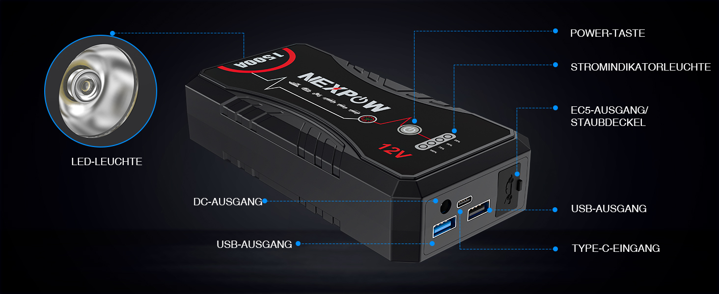 Powerbank Starthilfe NEXPOW 1500A: Зарядний пристрій для автомобіля, стартер, LED ліхтарик, USB, 12V, 1500A