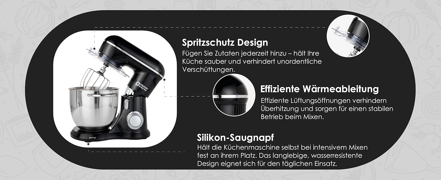 Кухонний комбайн Kitchen in the Box: 6 л, чорний, 10 швидкостей, з місткою чашею 6 л, набором насадок (міксер, гак для тіста, вінчик)