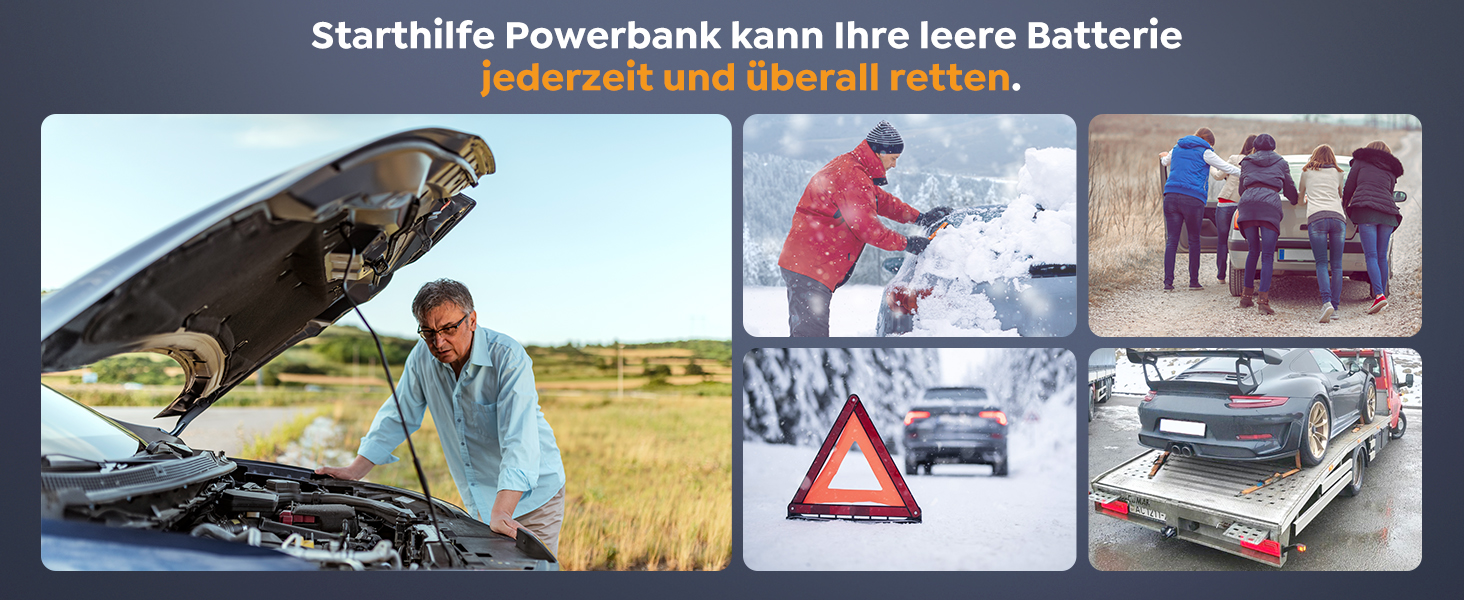 Powerbank Starthilfe 6000A: Зарядний пристрій для автомобіля 12V (до 9L бензин, 7L дизель) з кабелем, LED-лампою та дисплеєм – для SUV, мотоциклів, газонокосарок