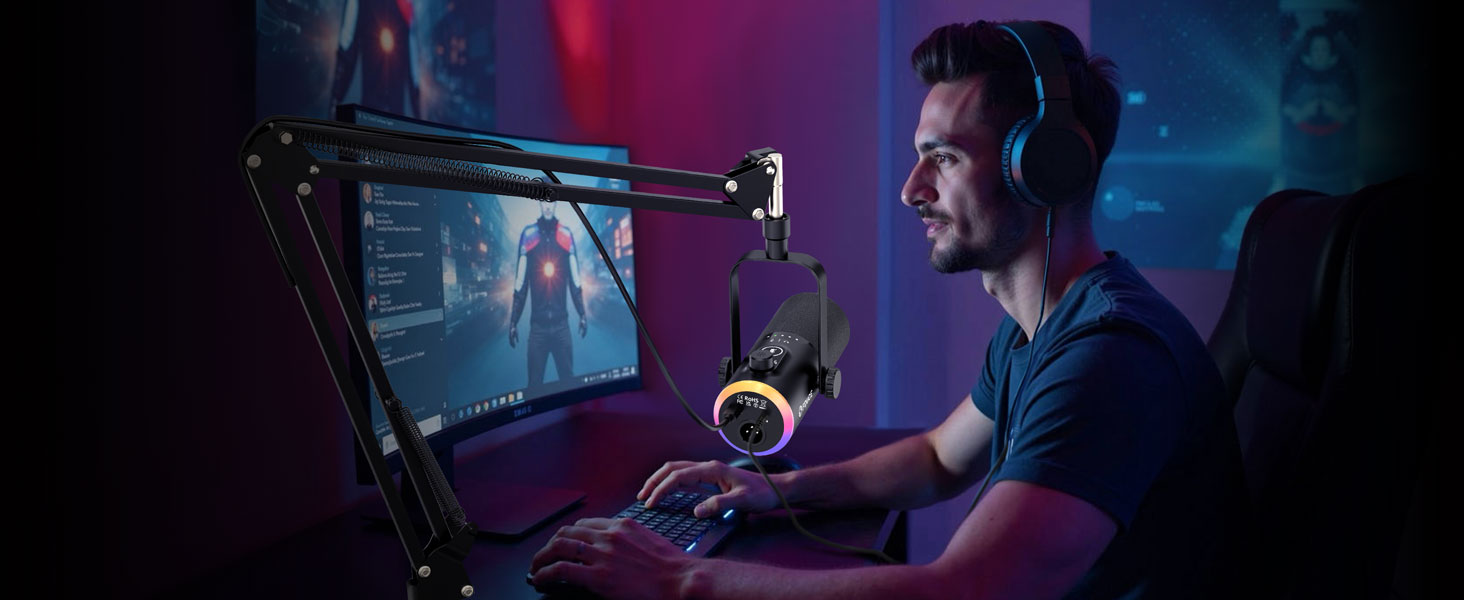 Мікрофон ігровий FDUCE з USB/XLR підключенням, RGB-підсвічуванням та регулюванням Gain для стрімінгу, запису подкастів та ігор (D30+)