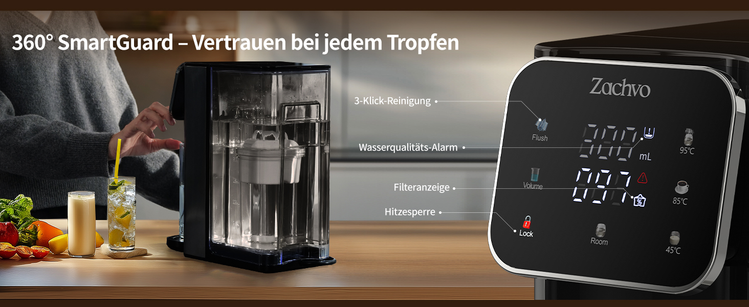 ЗACHVO Дозатор гарячої води UR05-2200W: миттєве гаряче водопостачання, 4 температурні режими, 3 об'єми, 4л бак, компактний та енергоефективний, захист від перегріву, дитячий замок, для кухні та офісу, фільтр з активованого вугілля