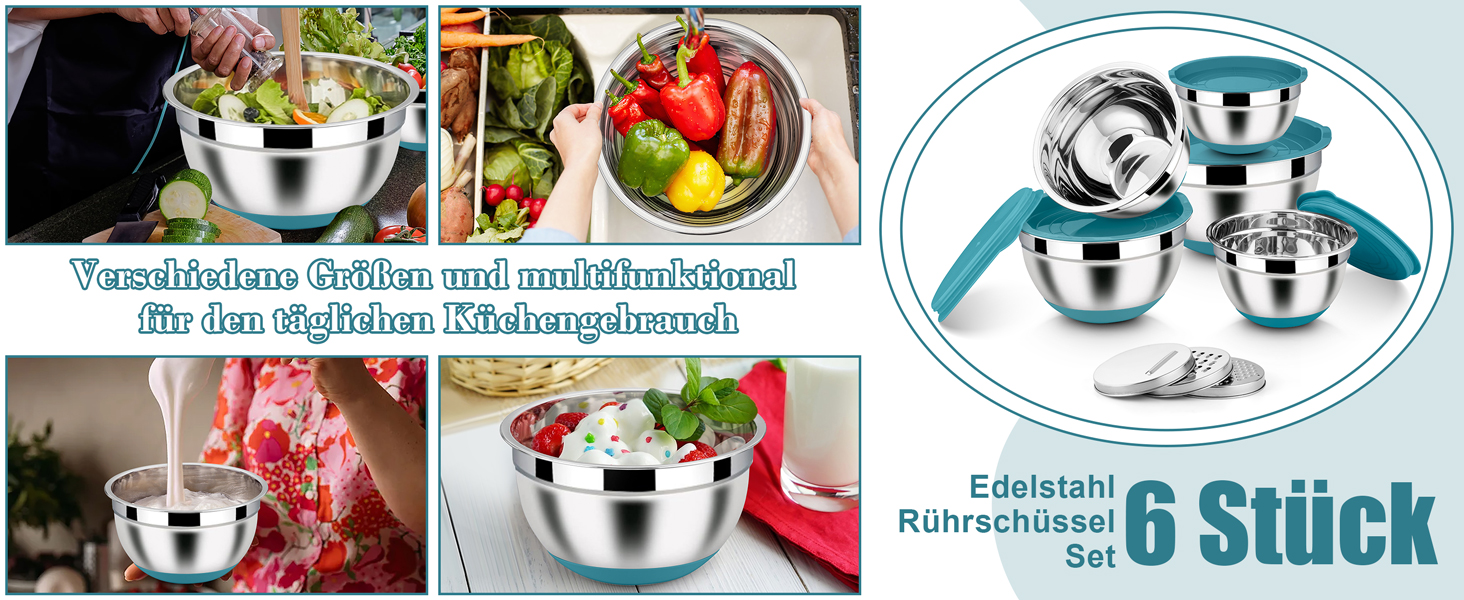 Набір місок Homikit з нержавіючої сталі, 6 шт. з тертками, кришками та силіконовим дном, 4.6L/2.8L/2.5L/1.6L/1.2L/0.7L, блакитний