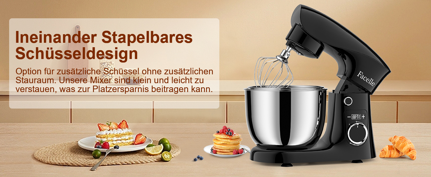 Кухонна машина Facelle 1500W з місткістю 5,5/4,5л: міксер, тістоміс, набір насадок, тиха робота (чорний)