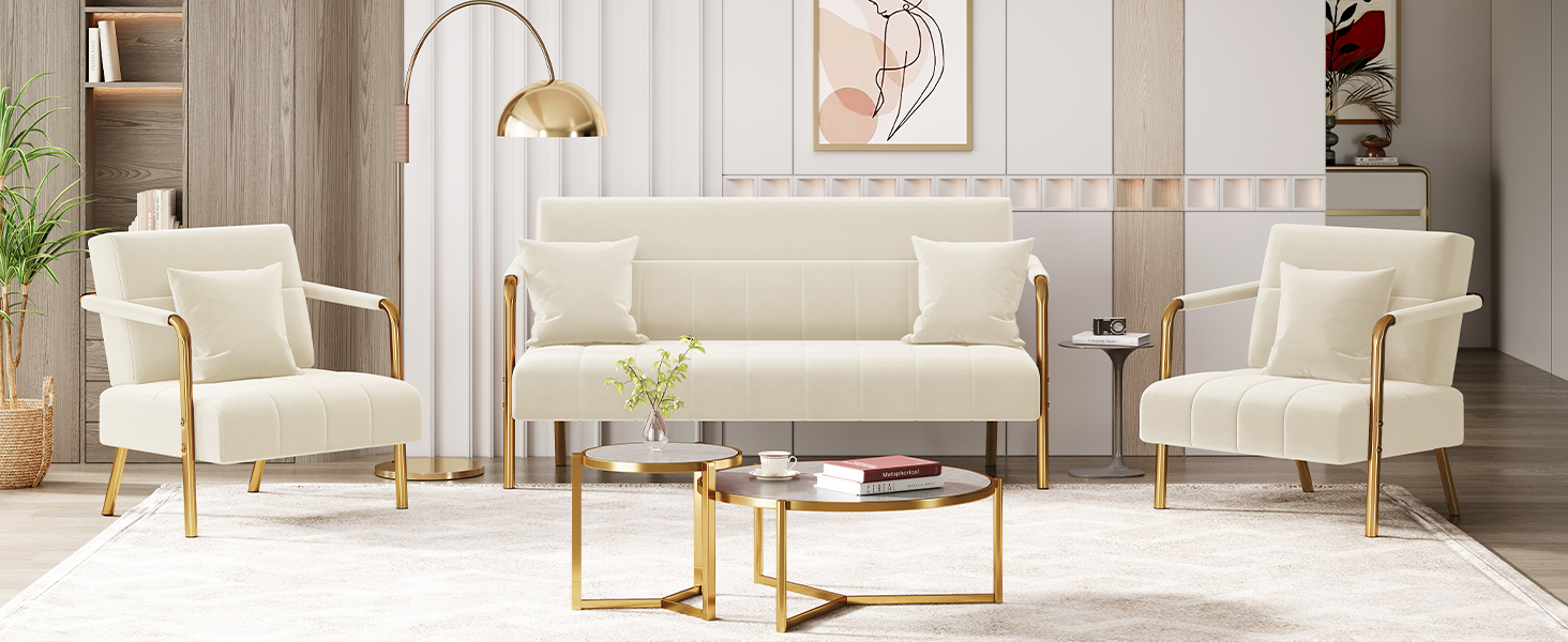 Диван-крісло Yaheetech з підлокітниками та металевими ніжками, сучасний двомісний диван з 2 подушками для попереку, бежевий, для вітальні/спальні (75,5 см ширина)