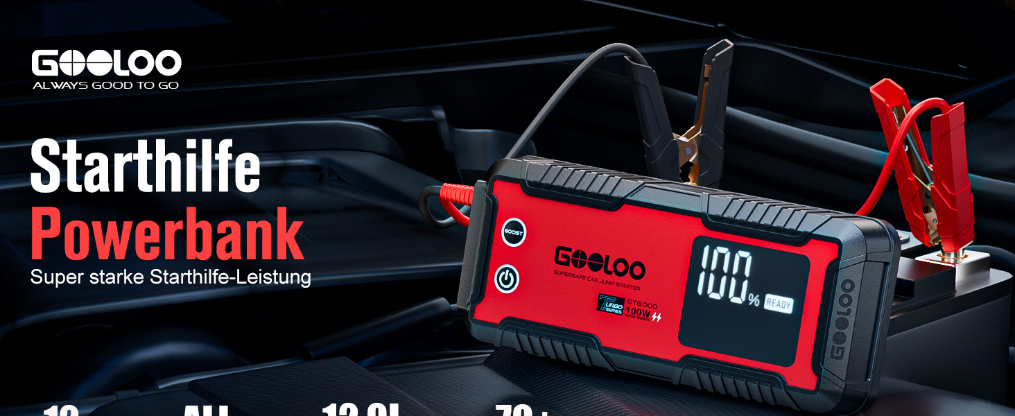 Powerbank-пусковий пристрій GOOLOO GT6000: 6000A, LED-ліхтарик, екран 3.2