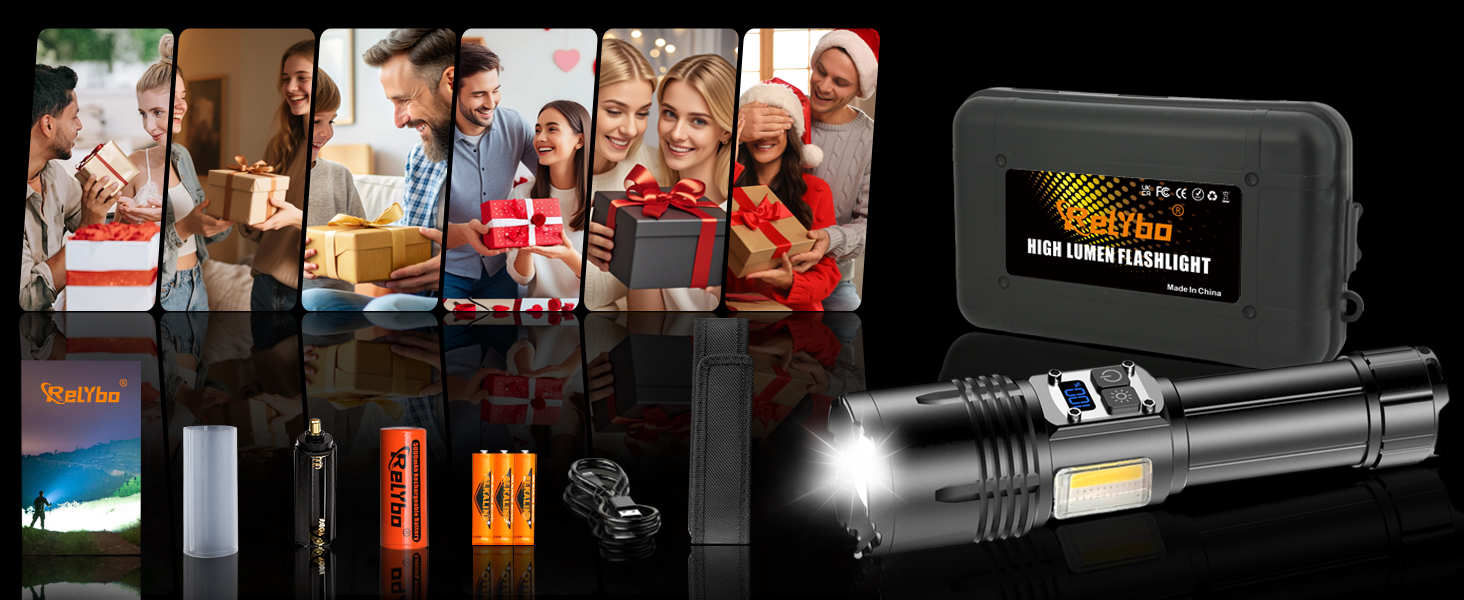 Потужний тактичний ліхтар Relybo LED із зарядкою USB-C, 500 000 Люмен, 9 режимів роботи та бічним COB-світлом, водонепроникний ліхтар для кемпінгу та екстрених ситуацій, чорний