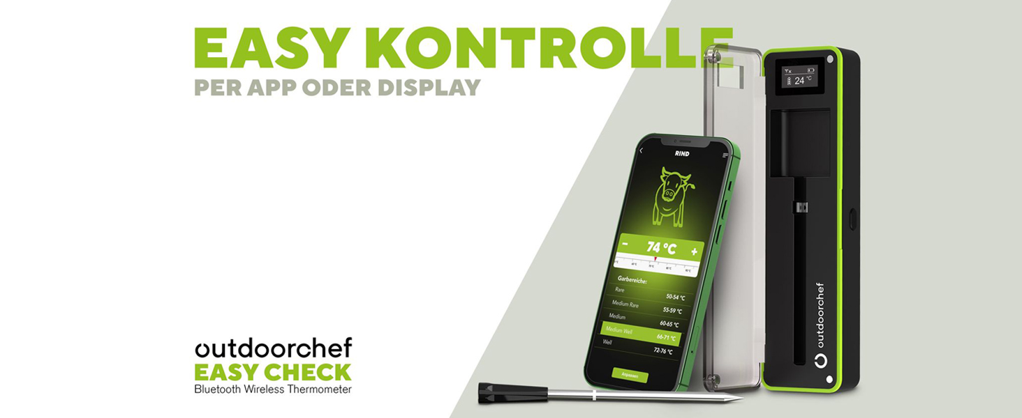 Термометр для гриля Outdoorchef Easy Check Quadro з Bluetooth, 4 датчики, 200м, миюча посудомийна машина, з магнітною док-станцією