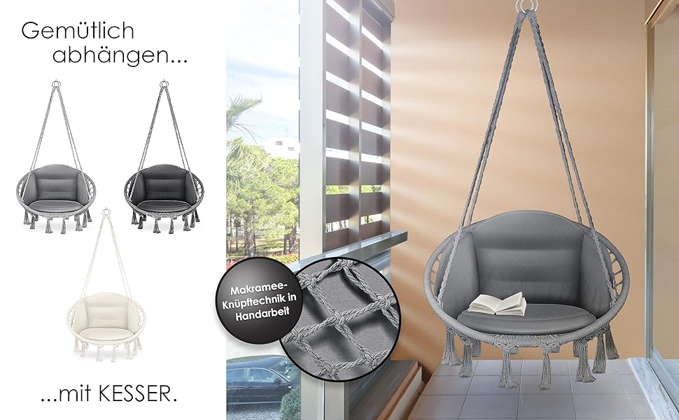 Крісло-гойдалка KESSER® з подушкою - крісло-гойдалка для дорослих та дітей, до 150 кг, для дому та саду, сіре