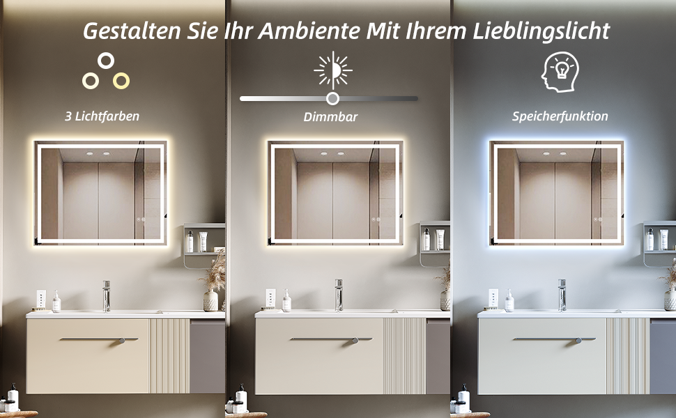 Дзеркало для ванної кімнати HySail з підсвічуванням, 80x60 см, 5 мм, антизапарник, сенсорне керування, 3 кольори світла, диммування