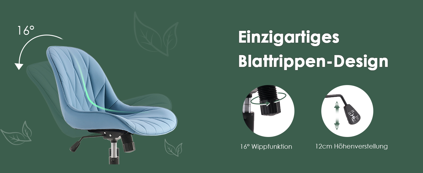 Офісне крісло YOUTASTE з принтом листя, ергономічне, регульоване по висоті з функцією гойдання, без підлокітників, шкіряне, для дому та офісу, блакитне