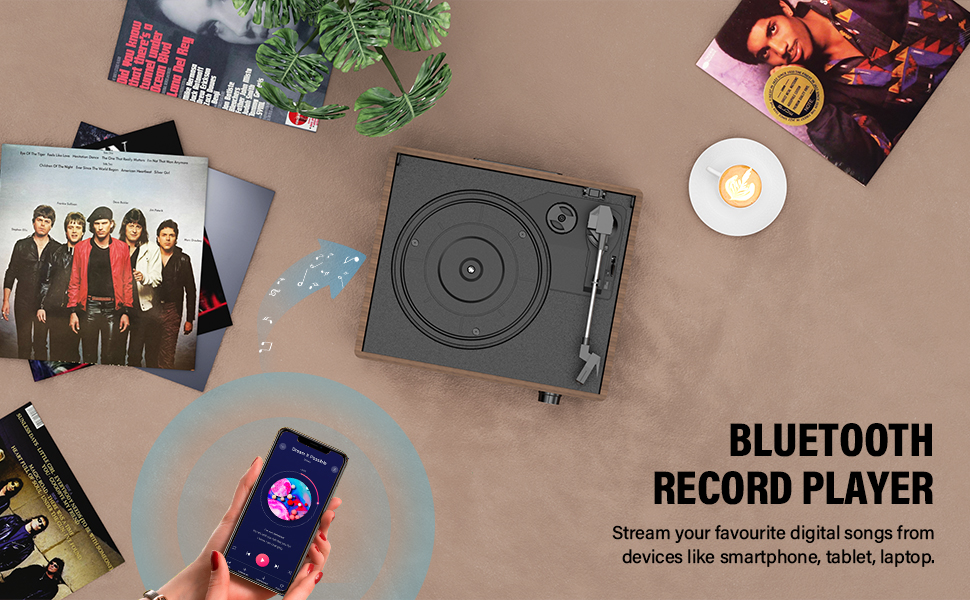 Вініловий програвач-ретро з Bluetooth, портативний програвач платівок з 3 швидкостями (33/45/78 об/хв), вбудованими стерео-динаміками, RCA виходом, AUX-входом, колір натурального дерева