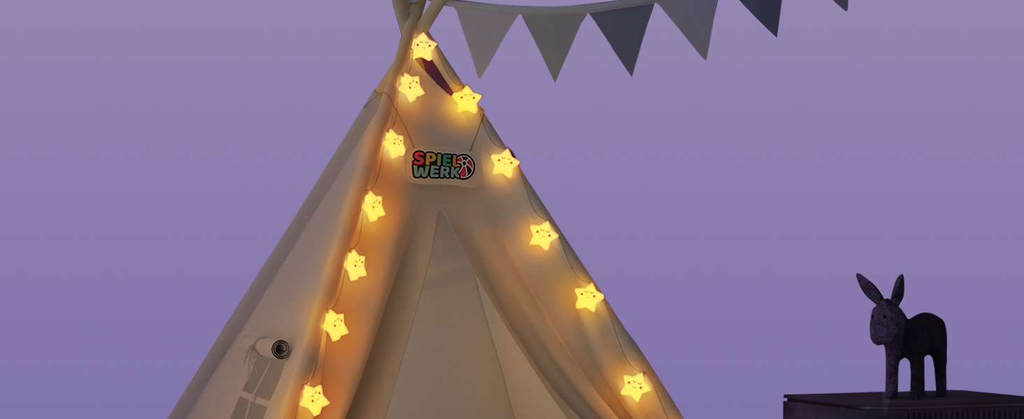 Дитяче намет-тіпі Spielwerk® з килимком, гірляндою та подушками. Намет для гри в приміщенні, 130x130 см, бавовна, дерево.