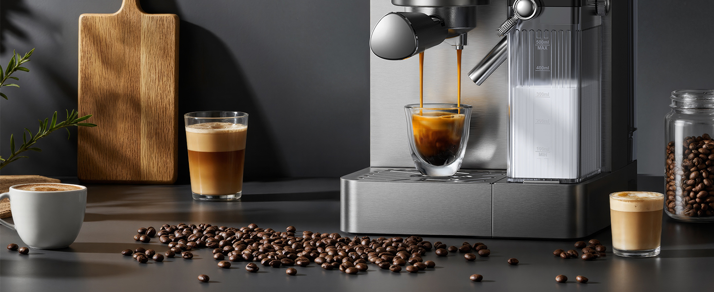 Еспресо-машина Siebträger з подвійним бойлером, 20 Bar, автоматичний спінювач молока, для капучино та лате, нержавіюча сталь, 1.8L бак, сенсорний екран