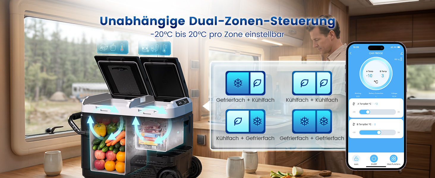 Компресорний автомобільний холодильник з Bluetooth, 60л: 2 зони охолодження (-20°C до +20°C), 12/24/230V, колеса, перегородка, тихий (45 дБ) для авто, кемпінгу, каравану