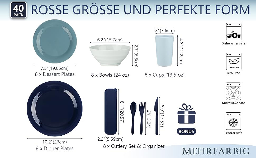 Набір посуду BEWOS Morandi з міцного пластику (40 шт.) для кемпінгу, 8 осіб, миючий посуд, підходить для мікрохвильової печі
