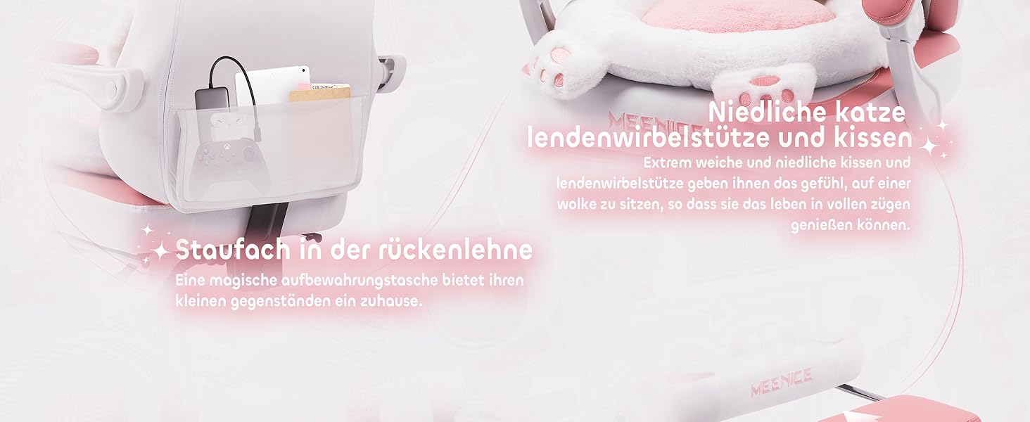 Ігровий крісло MEENICE Pink Katze з підголовником у вигляді лапки кота та вушками, з підніжкою, ергономічний ПК стілець для дітей та дорослих, рожево-білий, 200 кг