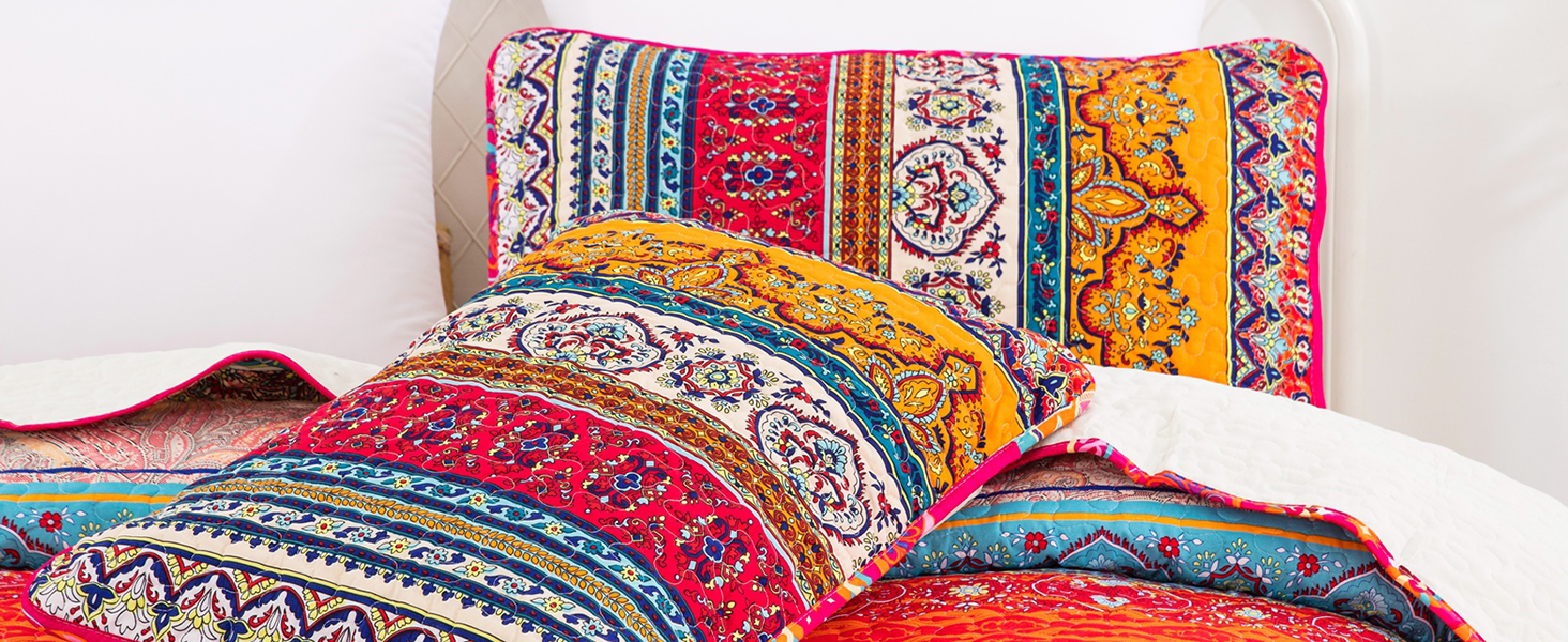 Постільна покривало WONGS BEDDING Boho 3-предметний комплект (220x240 см) з 2 наволочками 50x70 см, стібана ковдра з мікрофібри для спальні та дивана, Беміс