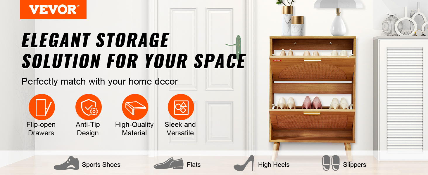 Вузька шафа для взуття VEVOR, полиця для взуття з дерева, 600 x 168 x 877 мм, з 2 відкидними дверцятами та верхньою полицею для зберігання, 36,28 кг, для прихожого, масивне дерево