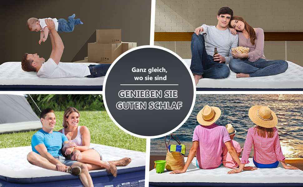 Надувна ліжко 152x203 см для 2 осіб з електричним насосом | Гостьове ліжко та для кемпінгу | Надувне ліжко блакитно-біле