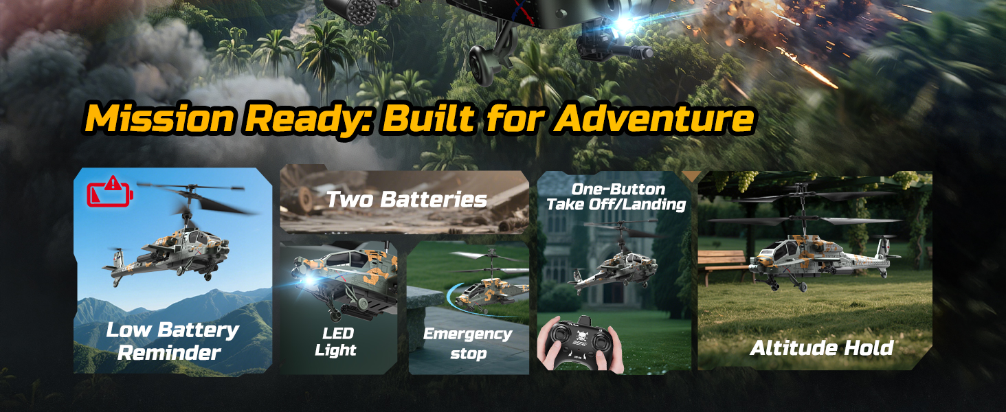 Радіокерований вертоліт DEERC Apache 2.4GHz, 2 акумулятори, 26 хв польоту, LED, стабілізація висоти, легкий старт, для приміщень, камуфляжний колір - ідеальний подарунок для хлопчиків