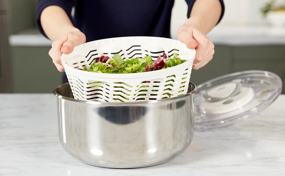 Салатниця Zyliss Easy Spin 2 з відцентровою технологією Aquavent, 6л, нержавіюча сталь, біла
